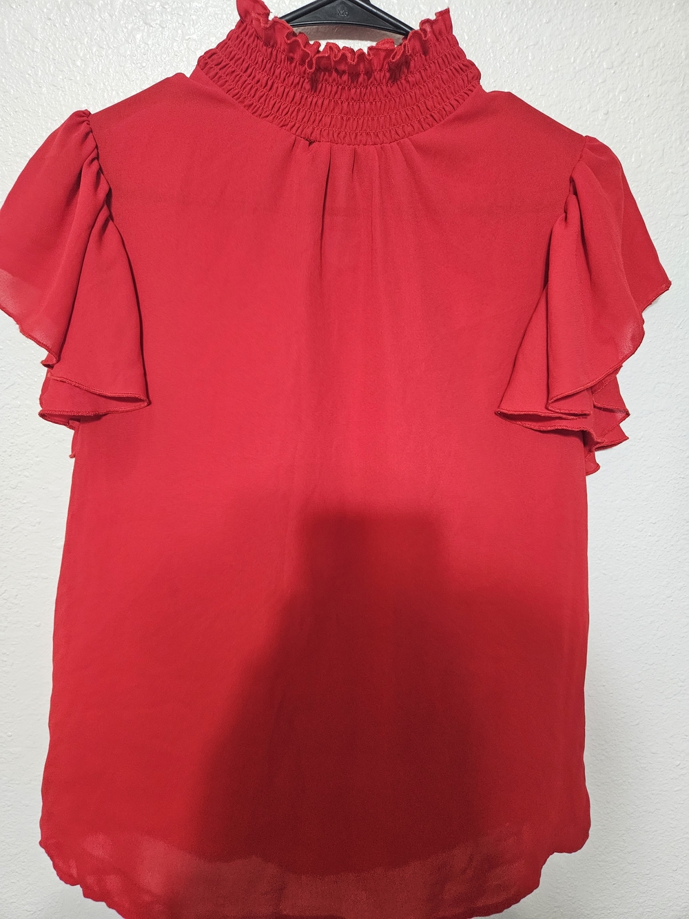 Red Smocked Neck Ruffle Sleeve Women's Top
